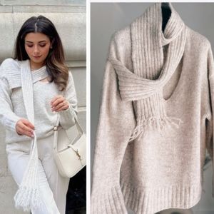 Zara Knit Sweater With Scarf Gray Marl
